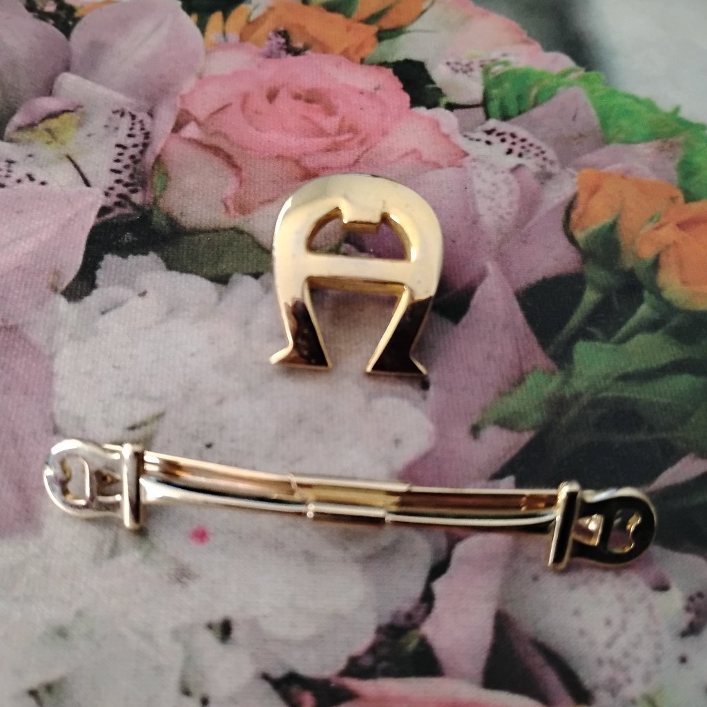 2 Pc Etienne Aigner Jewelry Lot Gold Logo Collar Clip And Brooch / Pin